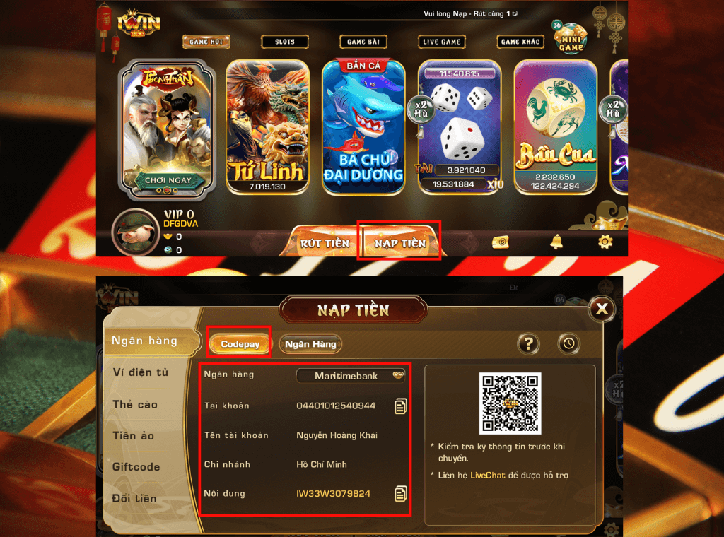 Nạp tiền vào game iWin qua Codepay