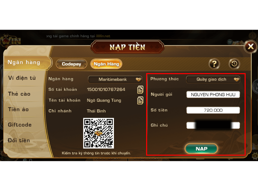Nạp vốn vào iWin qua quầy giao dịch