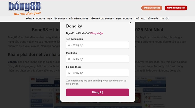 Hoàn tất thông tin đăng ký Bong88