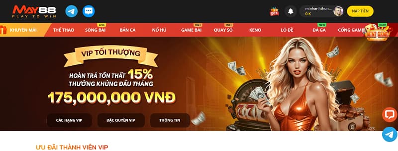 Ưu đãi hoàn tiền 15% đến 175 triệu tại May88 vô cùng hấp dẫn người chơi
