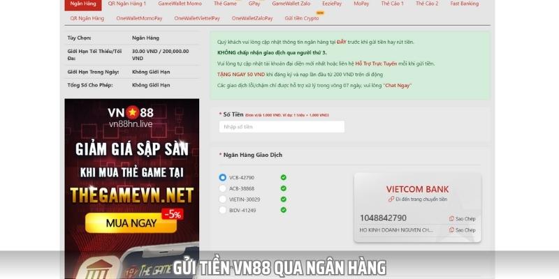 Các bước gửi tiền Vn88 bằng phương thức chuyển khoản