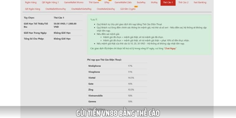 Gửi tiền vào tài khoản cược Vn88 bằng thẻ cào điện thoại